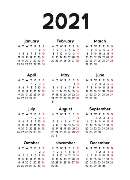 Calendarul 2021 Săptămâna Începe Luni Șablon Afaceri Bază Ilustrație Vectorială — Vector de stoc