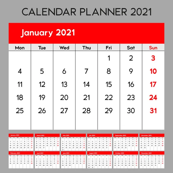 Planificador Calendario 2021 Diseño Plantilla Base Semana Comienza Lunes Conjunto — Vector de stock