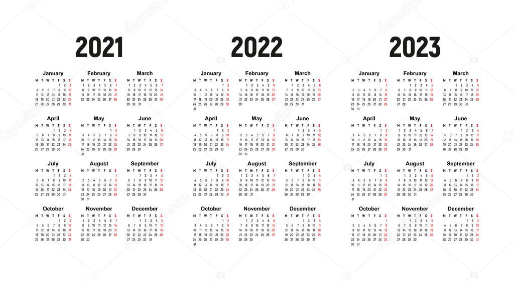 calendar 2021, 2022 and 2023, week starts on Monday, basic business template. vector illustration