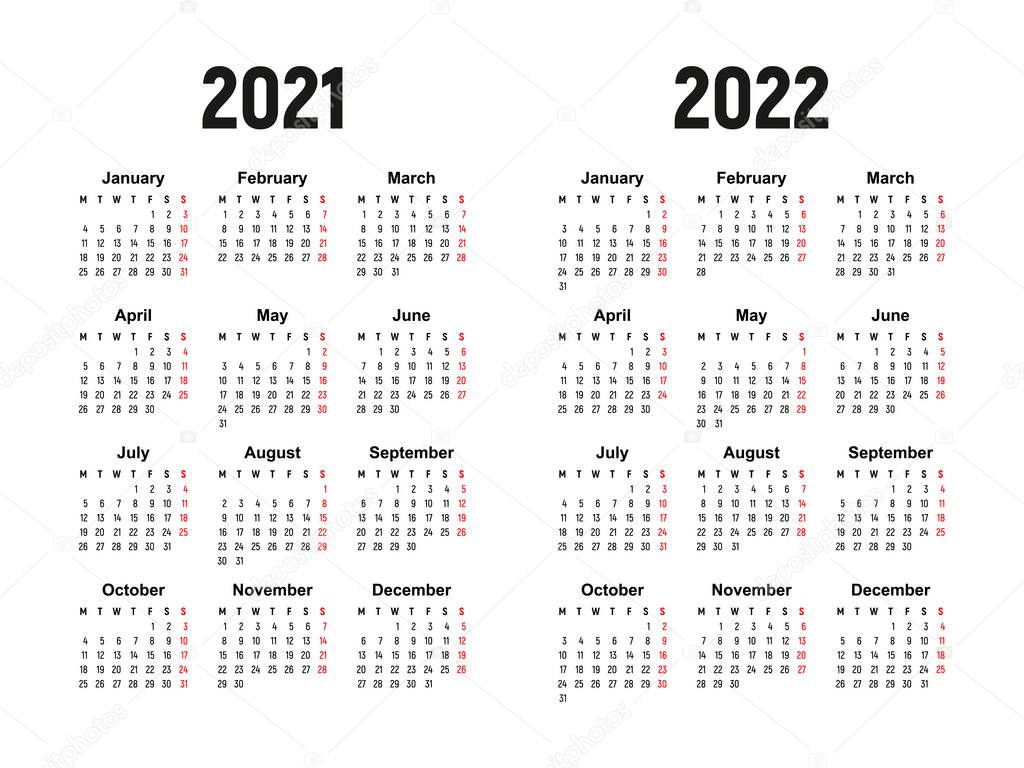 calendar 2021 and 2022, week starts on Monday, basic business template. vector illustration