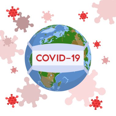 Dünya gezegenindeki koronavirüs tıbbi koruyucu mikrop önleyici bir maskeyle. COVID-19 salgını, karantina