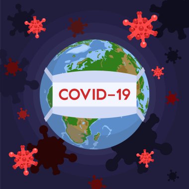 Dünya gezegenindeki koronavirüs tıbbi koruyucu mikrop önleyici bir maskeyle. COVID-19 salgını, karantina