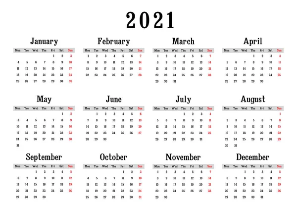 Calendario 2021 Semana Comienza Lunes Plantilla Básica Negocios Ilustración Vectorial — Vector de stock