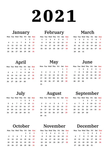 Calendario 2021 Semana Comienza Lunes Plantilla Básica Negocios Ilustración Vectorial — Vector de stock