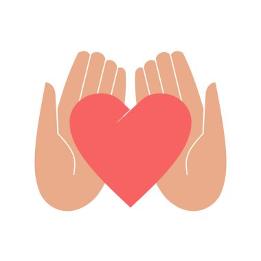 Bir kalbi tutan eller, barışın sembolü, yardım, işbirliği ya da yardım ve gönüllülük, renk vektör çizimi düz bir tarzda. Beyaz arkaplandaki renk izole resmi