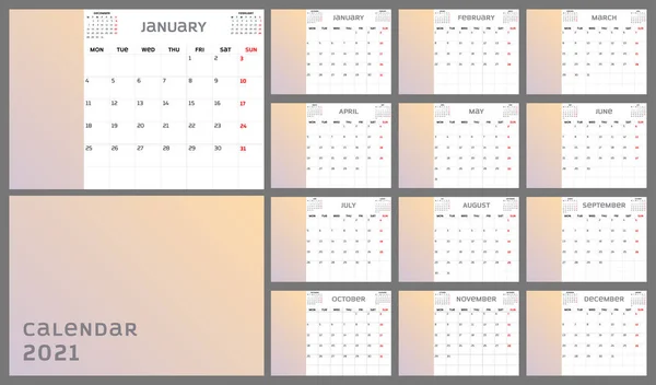 Calendar Planner 2021 Base Template Design Week Starts Monday Set — Stock Vector