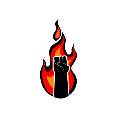 Ateşin arka planında bir yumruğa sıkıca sarılmış, alev. Sembol, direniş işareti, devrim, miting, isyan, grev. Vektör illüstrasyonu