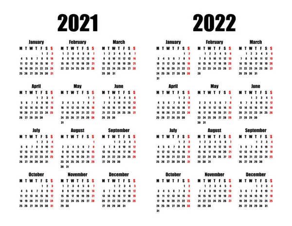 Takvim 2021 2022 Hafta Pazartesi Başlıyor Temel Planı Vektör Illüstrasyonu — Stok Vektör