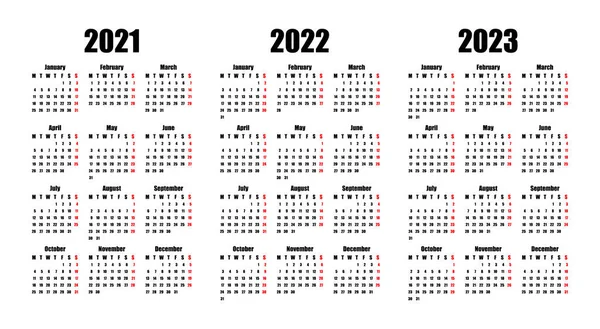 Calendar 2021 2022 2023 Week Starts Monday Basic Business Template — Stock Vector