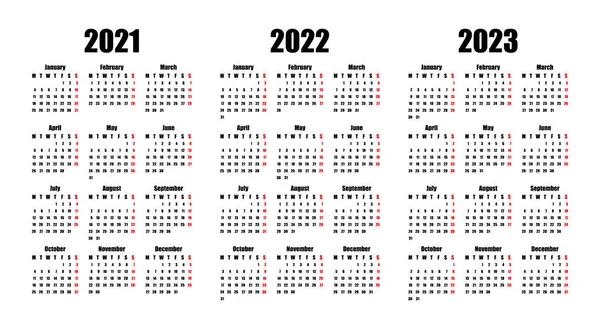 Takvim 2021, 2022 ve 2023, hafta pazartesi başlıyor, temel iş şablonu. vektör illüstrasyonu