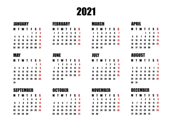 Takvim 2021 Hafta Pazartesi Başlıyor Temel Planı Vektör Illüstrasyonu — Stok Vektör