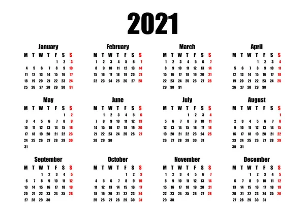 Calendário 2021 Semana Começa Segunda Feira Modelo Negócio Básico Ilustração — Vetor de Stock