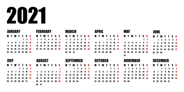 Calendar 2021 Week Starts Monday Basic Business Template Vector Illustration Vector Graphics