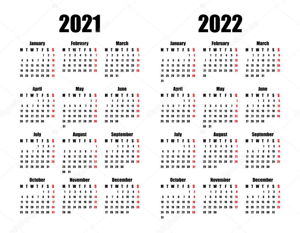 calendar 2021 and 2022, week starts on Monday, basic business template. vector illustration