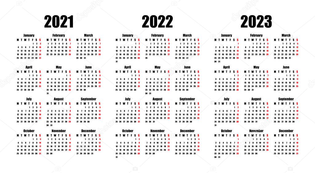 calendar 2021, 2022 and 2023, week starts on Monday, basic business template. vector illustration