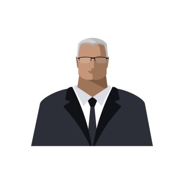 Katı siyah takım elbiseli bir adam, iş adamı, politikacı, çalışan, yönetici. Vektör görüntüsü, erkek avatar. Düz bir şekilde izole edilmiş renk çizimi