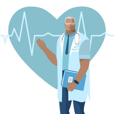 Doktorun tıbbi geçmişi, kalbi, nabzı ve mesaj için yeri. Düz bir şekilde vektör illüstrasyonu