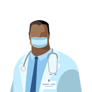 Doktor. Beyaz tıbbi önlüklü ve koruyucu maskeli bir doktorun vektör görüntüsü. Renk izole illüstrasyon, düz biçimli avatar