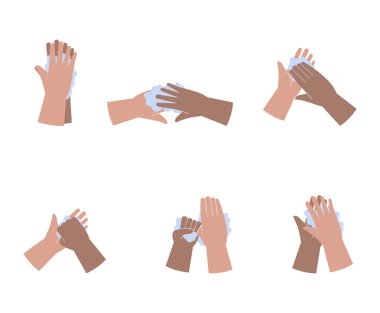 Kişisel el hijyeni, hastalık önleme ve tıbbi eğitim bilgileri: ellerinizi adım adım yıkamak. Vektör illüstrasyonu