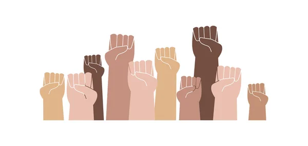 Fists Raised Different Skin Colors Rally Strike Rebellion Vector Illustration — Stock Vector
