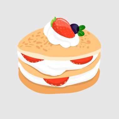 Krep krema ve böğürtlen, tatlı tatlı izolasyonu gri arka planda. Katman vektör illüstrasyonuyla düzenlenebilir.