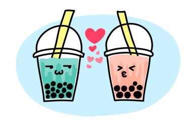 İnci sütlü çay fincanları birbirine aşık çiftler ya da aşık çiftler için köpüklü çay fincanları. Asya kawaii tarzı komedi çiziyor. Katmanlı ünlü buzlu içecek vektör çizimi.