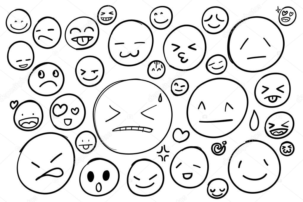 Drawing vector comic round faces with emotions for any decoration in graphic design. Single line art illustration isolation on white background.