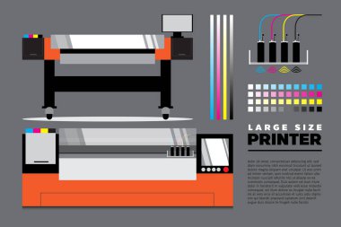 CMYK mürekkep püskürtme sisteminde göstergeleri ve örnek metni olan büyük boy yazıcı. Düz tasarım vektör grafiği.