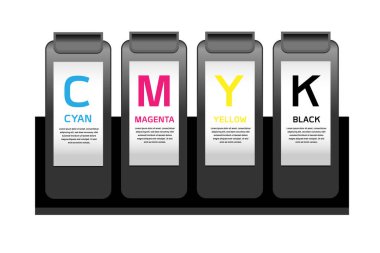 Masaüstü yazıcısının CMYK kartuşları, mürekkep parçalarının sistemi. Boş olduğunda yenisiyle değiştir. Katman vektörüne göre düzenlemeye izin ver.