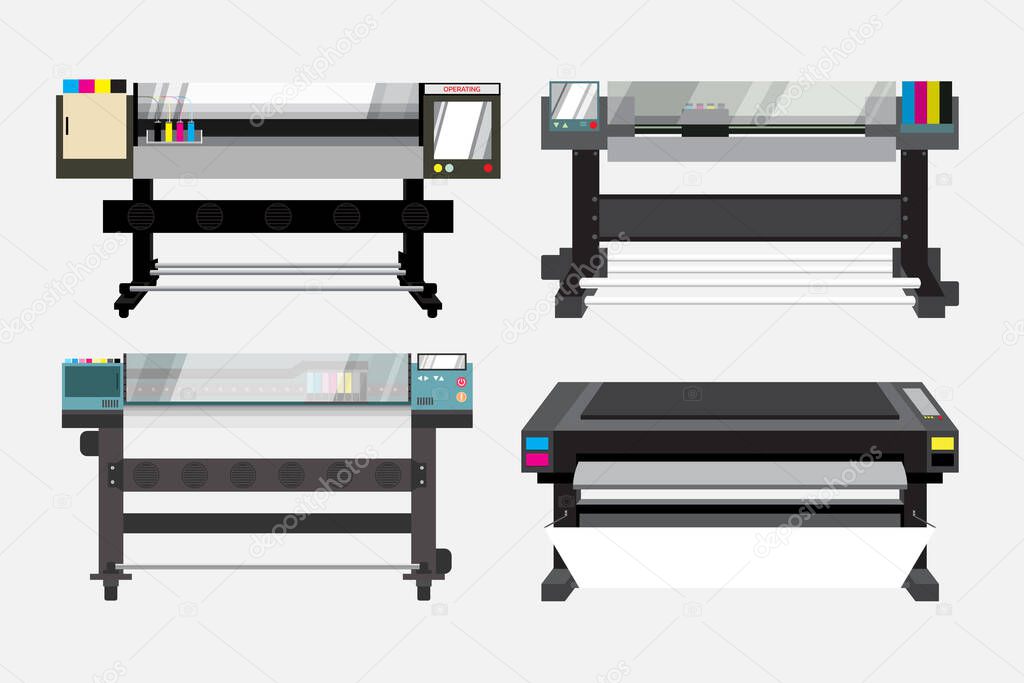 Set of, plotter or wide format, large printers. The device for making advertisment media by CMYK colors combination. Vector illustration with layers.