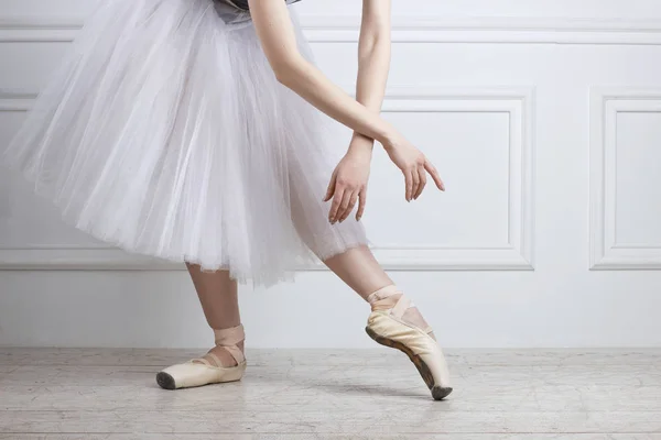 Closeup ballet dancer\'s legs in pointes and hands