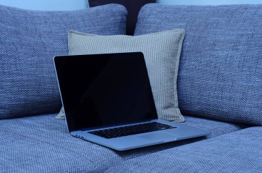 Oturma odasındaki ev ofisinin ofisindeki kanepede dizüstü bilgisayara bak..