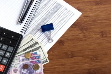 iş kavramı hesap makinesi, para, kalem ve ofis aksesuarları  