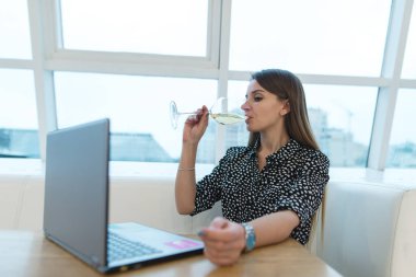Bir iş kadını bir bilgisayar bir restoranda çalışıyor ve cam şarap içiyor. Bir yaşam tarzı. Kadın iş yerinde rahatlatıcı.
