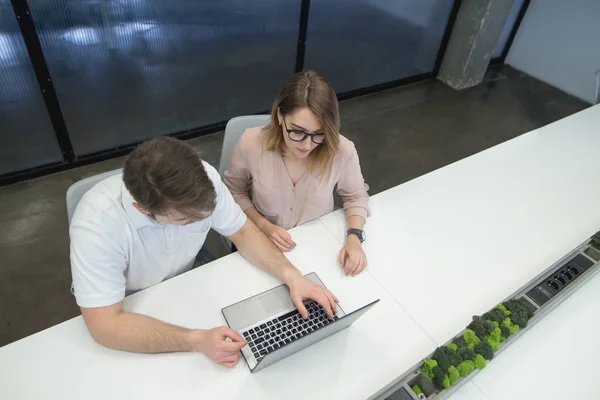 Due impiegati lavorano su un quaderno in un ufficio moderno ed elegante. Un uomo e una donna lavorano su un portatile nello spazio di lavoro. Lavorare in team . — Foto Stock