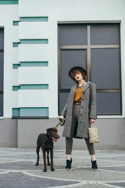 Fashionabelt porträtt av en vacker flicka med en hund stående berättelse — Stockfoto