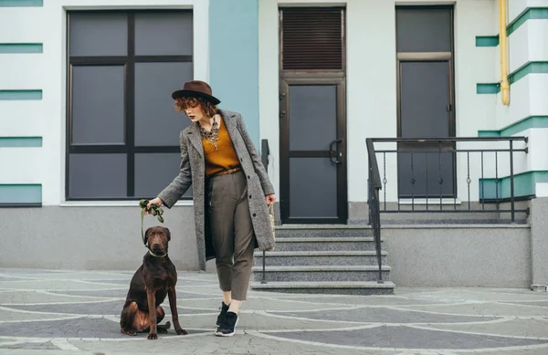 Chica con estilo se para con el cachorro en la correa en el fondo de la pared, caminar —  Fotos de Stock