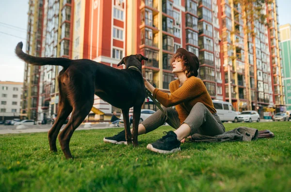 Hermosa chica en ropa de moda y sombrero jugando con el cachorro en el césped en el patio en el fondo de los edificios de colores modernos. Elegante dama jugando con un perro en un paseo. Concepto de mascotas —  Fotos de Stock