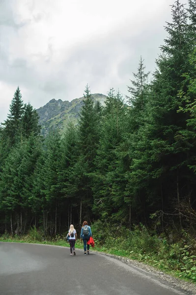 Due turisti stanno camminando su una strada asfaltata in montagna. Escursionisti trekking, percorso di montagna su buona strada asfaltata. Schienali di due ragazze stanno camminando lungo una strada di montagna . — Foto Stock