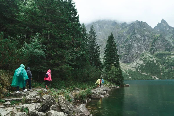 Turyści w płaszczach przeciwdeszczowych spacerują w deszczu ścieżką skalną wzdłuż brzegu górskiego jeziora. Wędrówki nad jeziorem na szlaku na tle pięknego krajobrazu naturalnego z drzewami iglastymi. — Zdjęcie stockowe