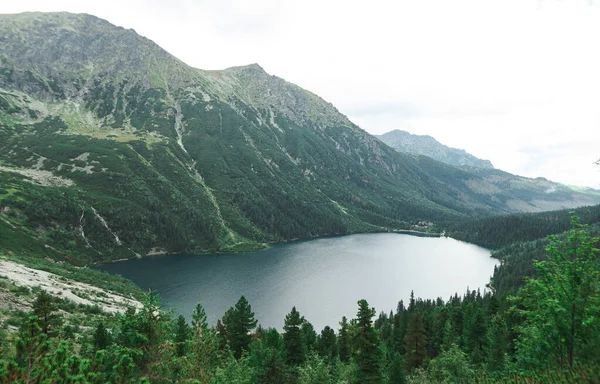 Krajina. Pohled na jezero Morskie Oko shora. Národní park Tatra. Tatranské hory. Pozadí, tapeta — Stock fotografie