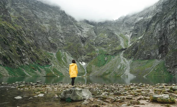 Женщина в жёлтой куртке стоит на большом камне возле горного озера и наслаждается красивым пейзажем. Человек стоит на вершине горы и смотрит на озеро в горах. Татранские горы — стоковое фото