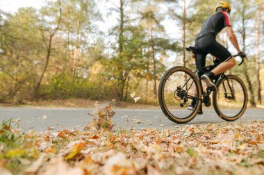Geçmişi. Dünyadaki ağaçların sarı yapraklarına odaklan. Bisikletçi düşen bir yaprağın üzerinde uçuyordu. Bulanık adam sonbahar ağaçlarının arka planında bisiklet sürüyor..