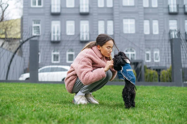 Attraktiv Dam Leker Med Sin Hund Sitter Gräsmattan Mot Bakgrund — Stockfoto