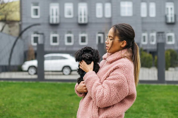 Portrait of a beautiful girl in glasses and a pink coat stands on the lawn on the background of a building with a puppy in his hands.Lady walks down the street with a small dog, pet looking in camera.