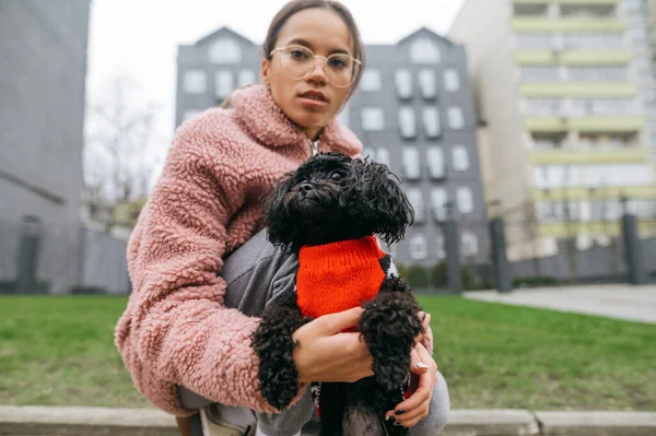 Söt Kvinna Glasögon Och Rosa Rock Håller Söt Hund Leksakspudel — Stockfoto