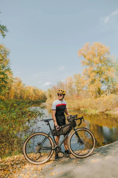 Portrait Happy Cyclist Standing Bicycle Beautiful Autumn Landscape Background Looking — Stock Photo, Image