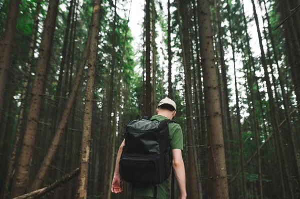 バックカジュアル服やバックパックで若い男性観光客の厚い針葉樹林を歩く 山の森の中でヒップスター男ハイキング スペースのコピー — ストック写真