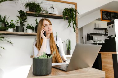 Zeki, sarı saçlı bir bayan rahat bir kafede dizüstü bilgisayarda çalışıyor, dalgın bir suratla yüzünü çeviriyor ve bir telefon görüşmesi yapıyor. Hipster Kafe 'de çalışan serbest çalışan bir kızın portresi. Serbest çalışma konsepti..