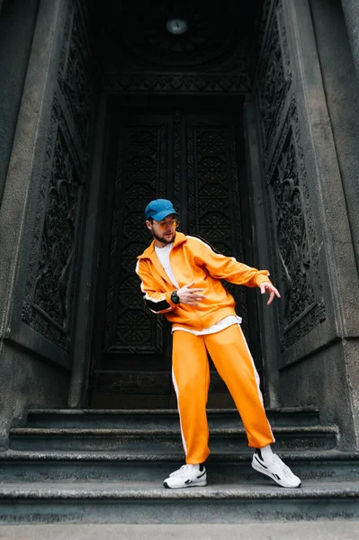 Full Height Portrait Hip Hop Dancer Orange Sportswear Background Old — Stockfoto